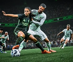 Een voetballer in het zwart tackelt een tegenstander in het wit; beiden zijn geconcentreerd en intens. De actie speelt zich af op een levendig veld, met een juichend publiek op de achtergrond