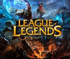 Epische game-illustratie van “League of Legends” met diverse helden in een dynamisch gevechtsscène. De titel schittert centraal tegen een achtergrond vol vuur en magie